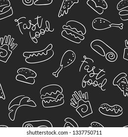 Cute seamless pattern of one line with   fast food, drinks, dessert and ice cream. Vector illustration in hand drawn style.
