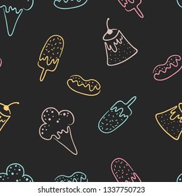 Cute seamless pattern with one line of sweets, ice cream, desserts and cakes. Vector illustration in hand drawn style.