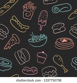 Cute seamless pattern of one line with   fast food, drinks, dessert and ice cream. Vector illustration in hand drawn style.