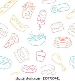Cute seamless pattern of one line with   fast food, drinks, dessert and ice cream. Vector illustration in hand drawn style.