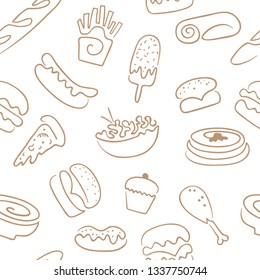 Cute seamless pattern of one line with   fast food, drinks, dessert and ice cream. Vector illustration in hand drawn style.