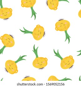 Cute seamless pattern from onions with green top.
Happy smiling vegetables. Healthly food. Kawaii pattern on white background. Vector image.
