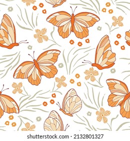 Cute seamless pattern with orange butterflies and flowers on a transparent background. Suitable for children's items