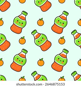 Cute, seamless pattern of orange juice bottles and oranges, perfect for designs.