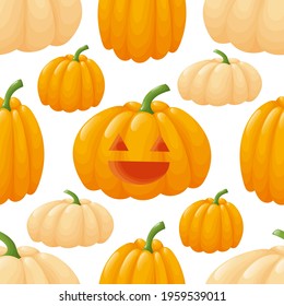 Cute seamless pattern with orange pumpkins and a carved happy pumpkin. White background. Flat style illustration.