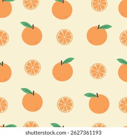 Cute seamless pattern with oranges and oranges slices. Summer time and healthy lifestyle concept. orange background.