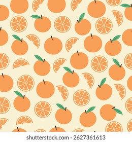 Cute seamless pattern with oranges and oranges slices. Summer time and healthy lifestyle concept. orange background.