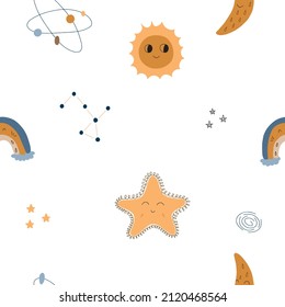 Cute seamless pattern of outer space celestial bodies on a white background. Children's illustration Scandinavian style illustration for textile and room decoration.