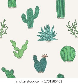 Cute seamless pattern with outline colorful green and teal vector cactus and succulents elements. Bright exotic doodle cacti texture for textile design, wrapping paper, surface, wallpaper, background