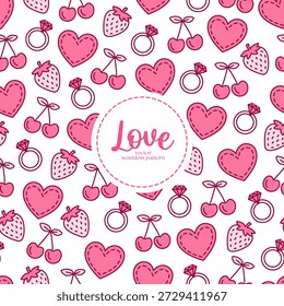 Lindo patrón sin fisuras con iconos de contorno de corazones, fresas, cerezas y anillos de compromiso, fondo de Vector romántico rosa para el embalaje, textil, envoltura de regalo y diseño de Boda.