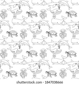 Cute seamless pattern with outline sea fish on a white background. Sea animals in a flat style. Cartoon wildlife for web pages.
vector illustration for decor, design, textiles,
wallpaper