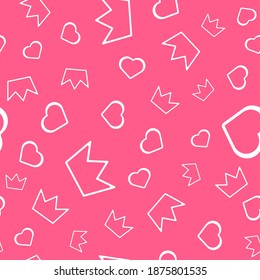 Cute seamless pattern with outlines of crowns and hearts. Girly print. Simple vector illustration.