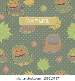 Cute seamless pattern with owl on polka dots background