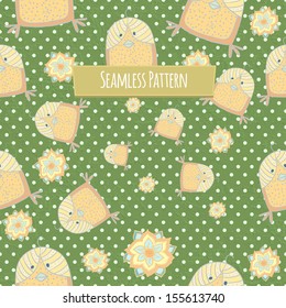 Cute seamless pattern with owl on polka dots background