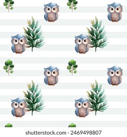 Cute seamless pattern with owl and trees. Forest wildlife backgrounds. Watercolor woodland