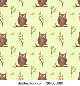 Cute seamless pattern with owls, branches and leafs. Vector illustration.