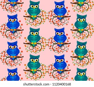 Cute seamless pattern with owls and stars in pastel colors. Vector illustration