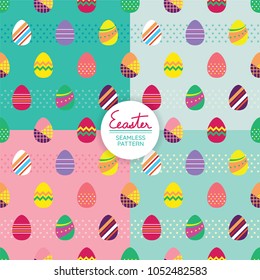 Cute seamless pattern of painted Easter eggs on soft pastel and colorful background. 