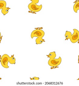 adorable patrón sin costura con pato amarillo pintado sobre un fondo blanco. doodle de dibujo infantil con pollo sobre textura sin soldadura para impresión, textil y fondo