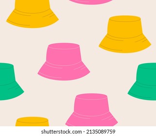 Cute seamless pattern with panama hats. Colorful vector background. Accessories illustration with bucket hats