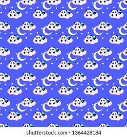 
Cute seamless pattern of a panda bear on the clouds. clouds and stars