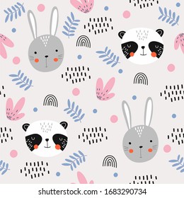 Cute seamless pattern with Panda and Bunny for fabric, leaves, flowers, rainbow around