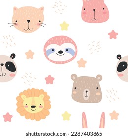 Cute seamless pattern with panda, bunny, cat, lion, bear and sloth. cute vector texture for baby bedding, fabric, wallpaper, wrapping paper, textile, t-shirt print