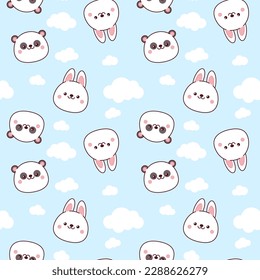 Cute seamless pattern of panda and bunny faces with white clouds on a blue background