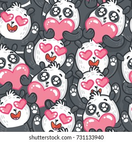 Cute seamless pattern with Panda character in love with hearts