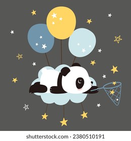 Patrón perfecto con estrellas de balón en la nube de panda. Dormido adorable personaje de oso panda en el cielo nocturno. 