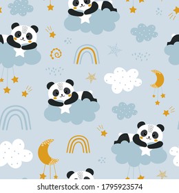 Cute Seamless Pattern With Panda And Clouds. Panda, Rainbow, Clouds, Stars, Hearts, Sky. Sleeping Cute Character In The Night Sky. Printing On Fabric, Paper, Clothing, Wallpaper.