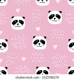 Cute seamless pattern with panda faces and hearts. Background for kids with wild animals - panda. Vector illustration