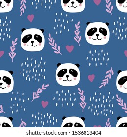 Cute seamless pattern with panda faces, plants and hearts. Background for kids with wild animals - panda. Vector illustration