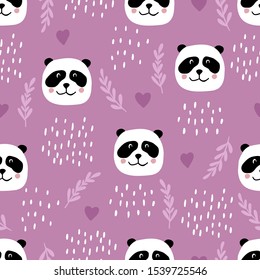 Cute seamless pattern with panda faces, plants and hearts. Background for kids with wild animals - panda. Vector illustration