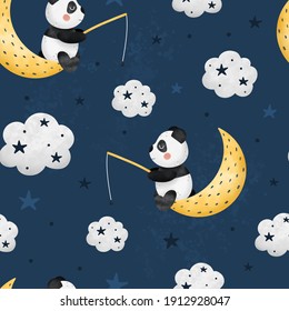 Cute seamless pattern with panda fishing stars in the clouds with watercolor elements. Hand drawn Scandinavian style vector illustration.