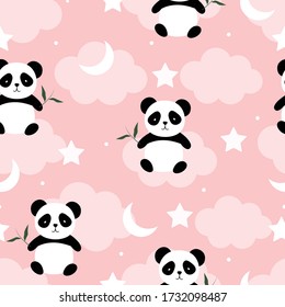 Cute seamless pattern The panda held a bamboo sitting on the cloud and had a star beside him. Hand-painted cartoon animal character background Used for fashion, textile, fabric, vector illustration