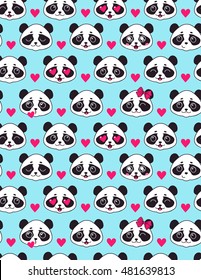 Cute seamless pattern with panda. Pandas. Face giant panda bear with different emotions. Cartoon style on a blue background. 