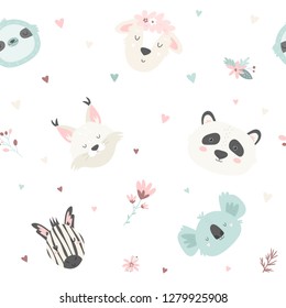 Cute seamless pattern with panda, zebra, sloth, koala, lynx, lamb. Tender and soft pastel colors. For baby prints, textiles