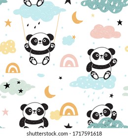 Cute seamless pattern with pandas and clouds. The moon, clouds, stars, night time. Children vector background. Good night. Printing on fabric, clothing, bedding, wrapping paper.