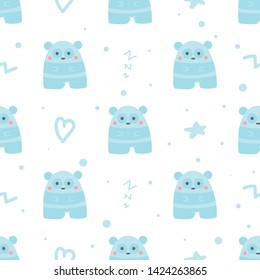 Cute seamless pattern with pandas, hearts, stars, zigzags, dots. White background. Doodle style illustration. Vector.