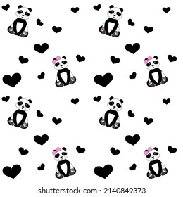 Cute seamless pattern with pandas and hearts. Background for children
