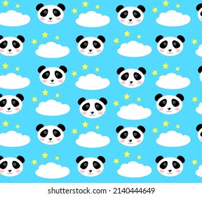 Cute seamless pattern with pandas, stars and clouds. Background for children