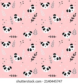 Cute seamless pattern with pandas and twigs. Background for children