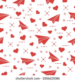 Diseño perfecto con aeroplano de papel y corazones. Plantilla para diseño, tela, impresión.Día de San Valentín.