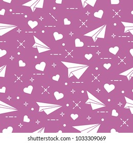 Cute seamless pattern with paper airplane and hearts. Template for design, fabric, print. Valentine's Day.