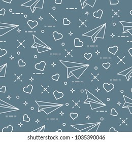 Cute seamless pattern with paper airplane and hearts. Template for design, fabric, print. Valentine's Day.