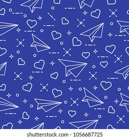 Cute seamless pattern with paper airplane and hearts. Template for design, fabric, print. Valentine's Day.