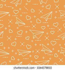 Cute seamless pattern with paper airplane and hearts. Template for design, fabric, print. Valentine's Day.