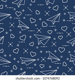 Cute seamless pattern with paper airplane and hearts. Template for design, fabric, print. Valentine's Day.