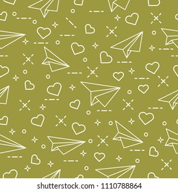Cute seamless pattern with paper airplane and hearts. Template for design, fabric, print. Valentine's Day.